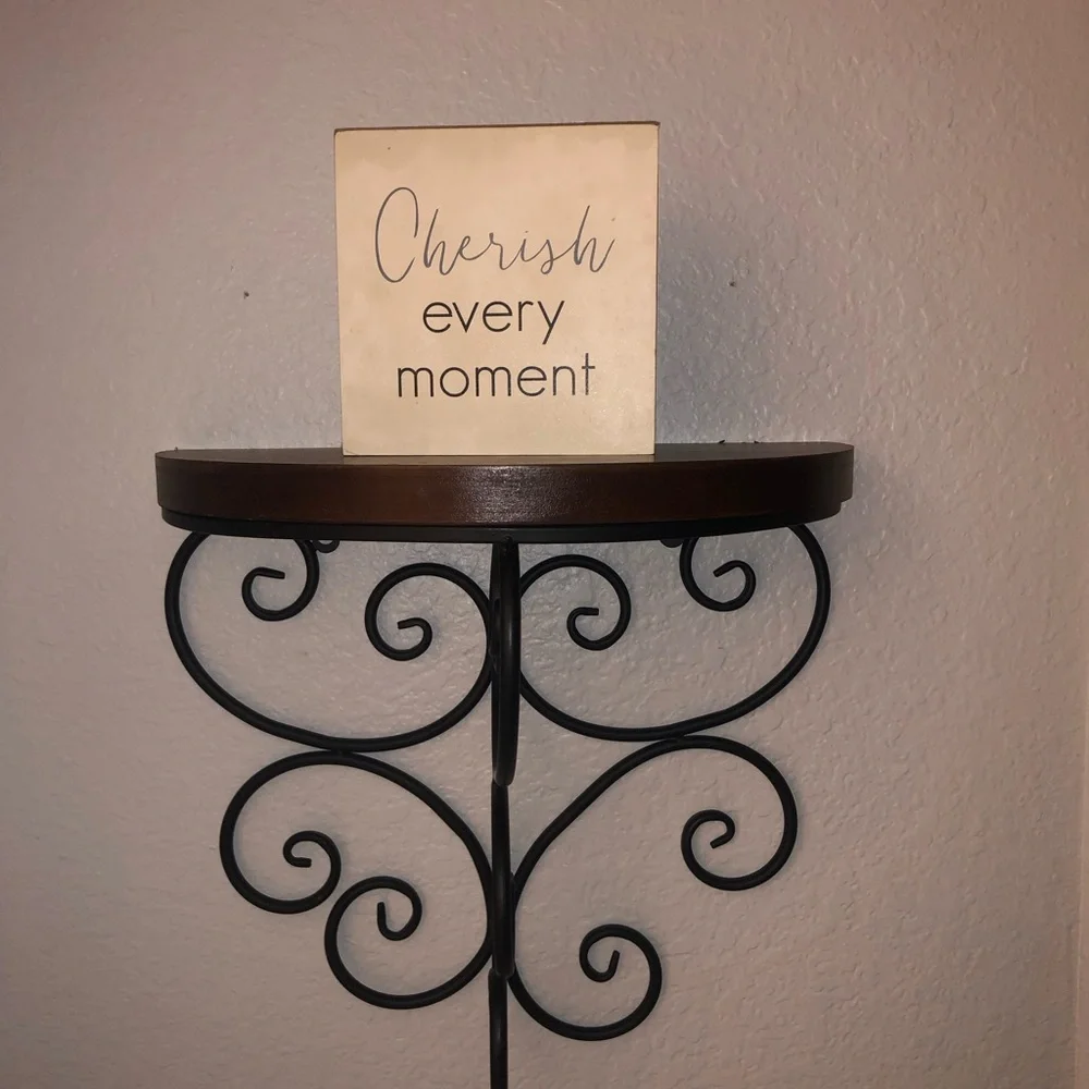 Decorative Wall Shelf with Black Scroll Bracket and Brown Wood Top